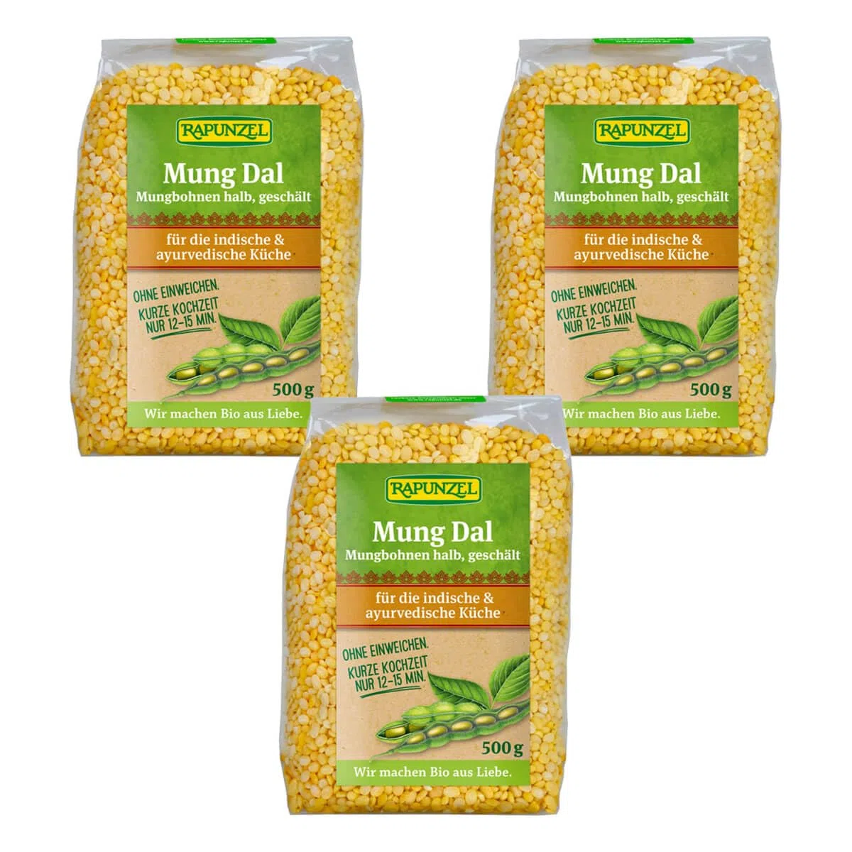 Rapunzel Mung Dal, Mungbohnen halb, geschält, 3er Pack (3 x 500 g)