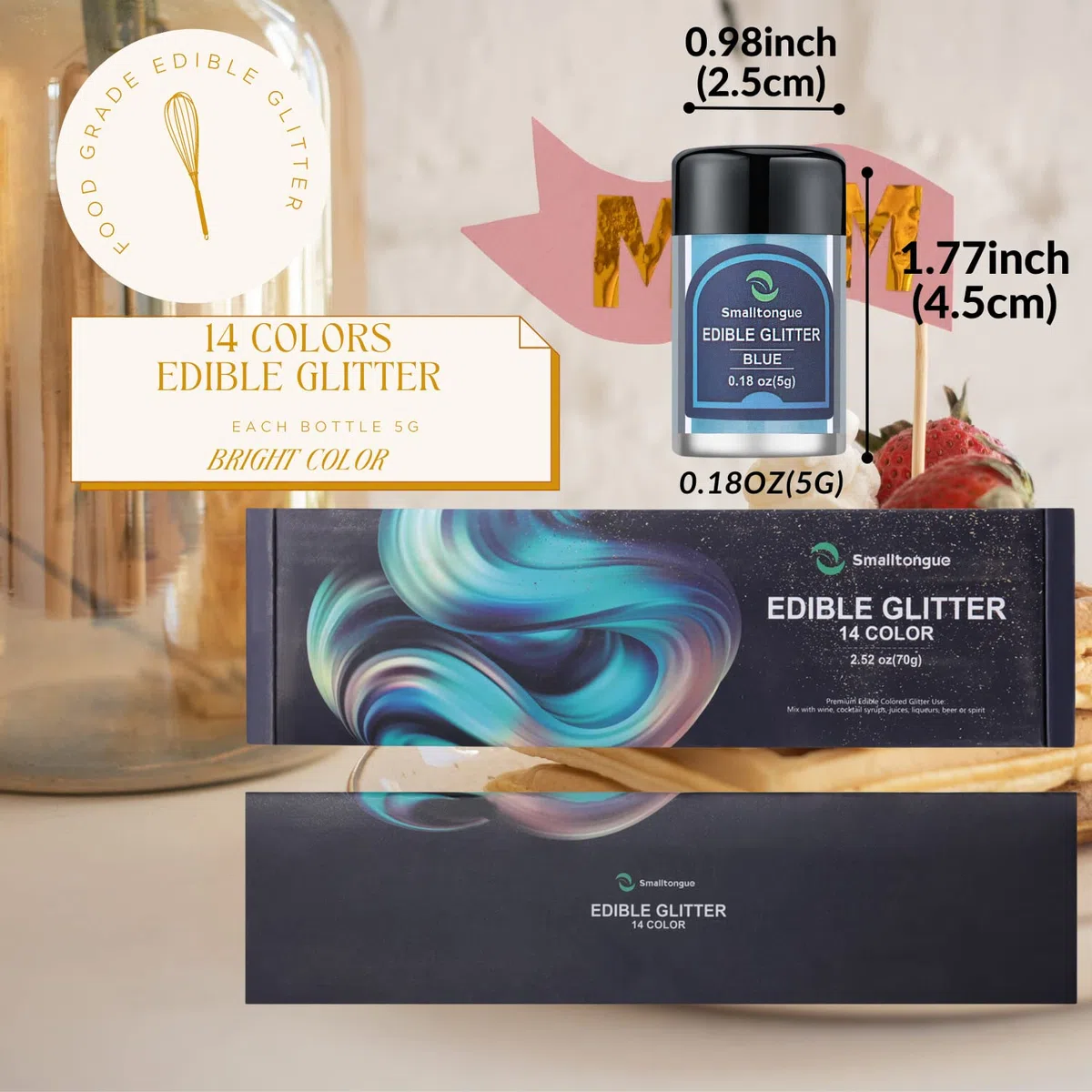 Smalltongue 14 Essbares Glitzer Set, Glitzer Essbar für Torte/Glitzer Essbar Getränke für Ostern, Weihnachten, Oktoberfest Party, Champagner, Cocktails. 5g/Dose