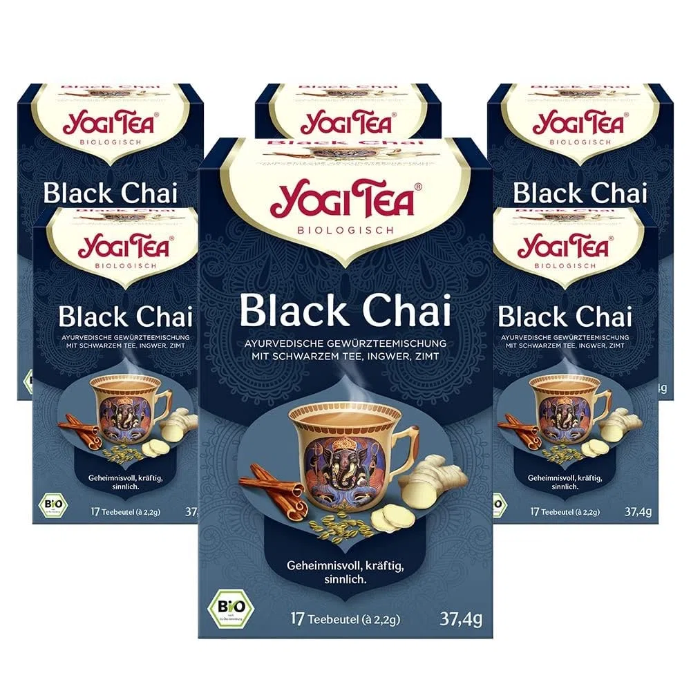 Yogi Tea - Black Chai, Schwarzer Chai, Ayurvedischer Bio Gewürz- und Kräutertee, Mischung aus schwarzem Tee, Ingwer, Zimt, Yogi Tee 6er Pack, 6x17 Beutel (102 Teebeutel insgesamt), Ideal als Geschenk