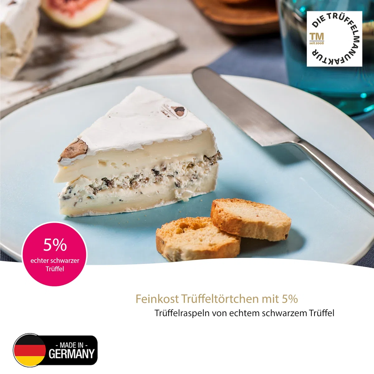 Die Trüffelmanufaktur - Feinkost Trüffelkäse mit 5% echtem schwarzem Trüffel, sahniges frisches Trüffel-Käse-Törtchen mit feiner Mascarpone Frischkäse-Trüffelfüllung, Gourmet Weichkäse 110 g