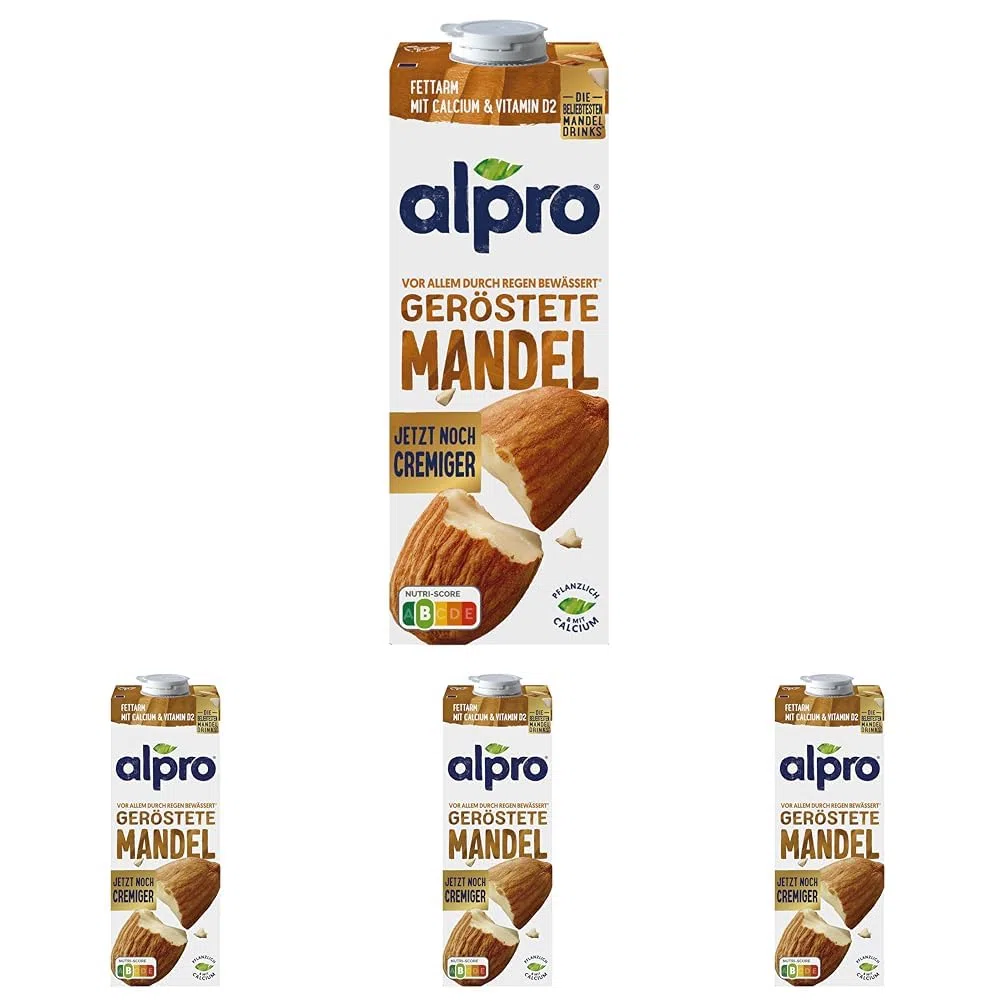 Alpro 1L Mandeldrink geröstet, vegan & laktosefrei, fett- und zuckerarm, mit Calcium und Vitaminen (Packung mit 4)