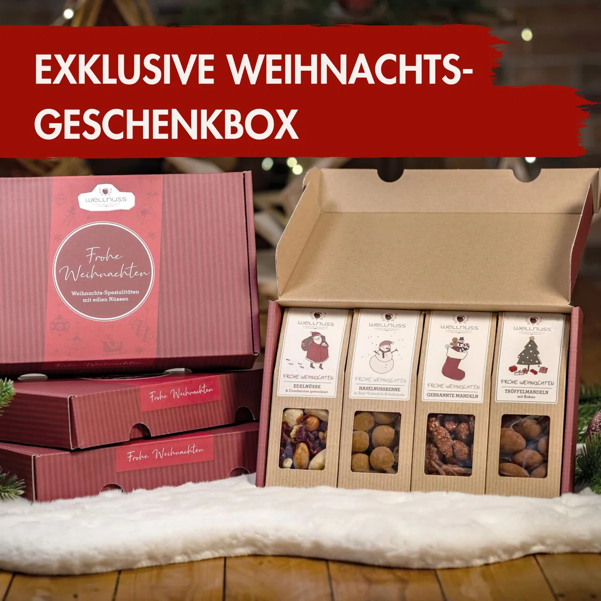 wellnuss "Limitierte Weihnachtsedition" - 4 Snacks im Geschenkkarton | Gourmet Snackmischungen für Erwachsene aus Nüssen, Früchten & Schokolade | Das Besondere Geschenk zu Weihnachten