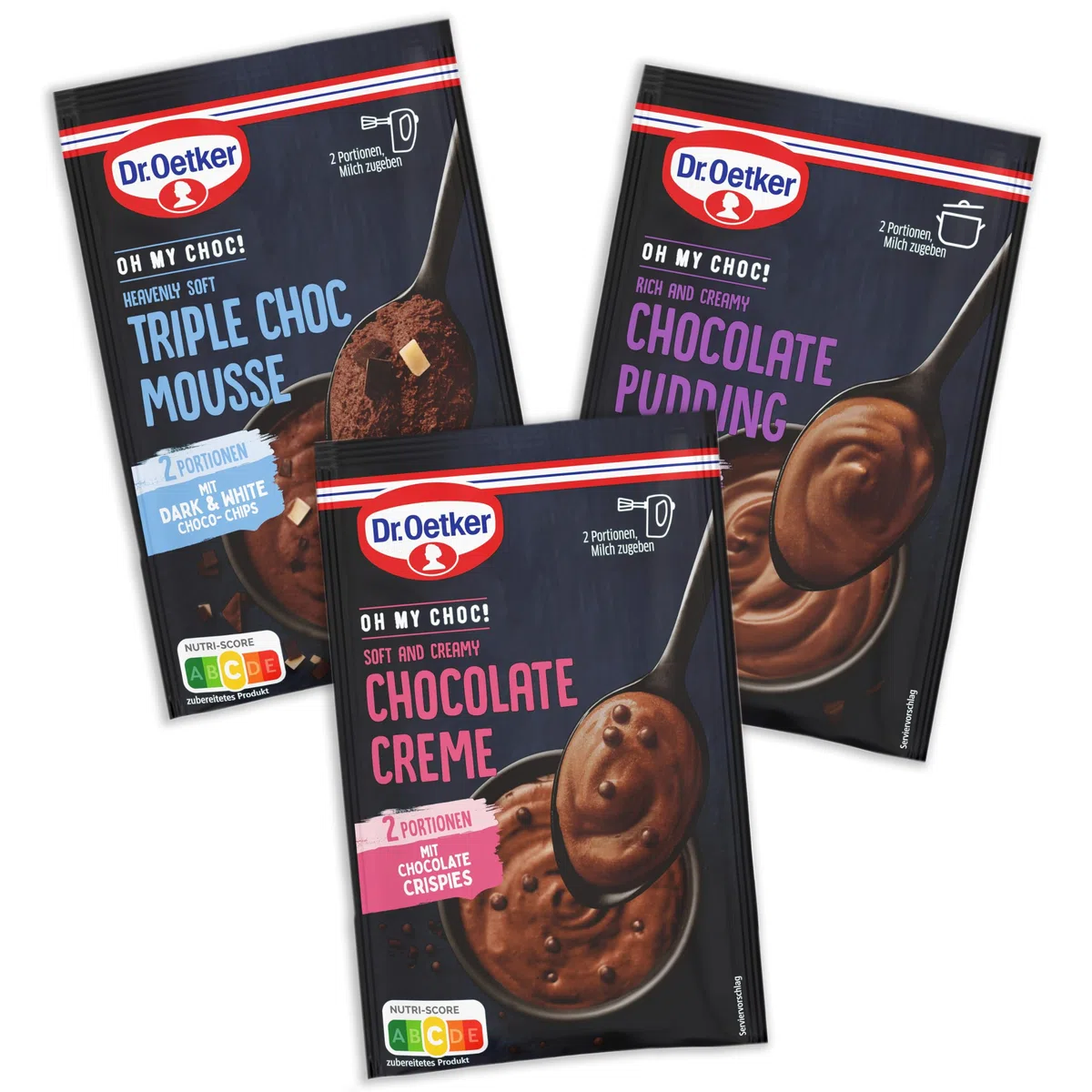 Dr. Oetker OH MY CHOC! 9er Probier-Set, 3 x Chocolate Creme, 3 x Chocolate Pudding, 3 x Triple Choc Mousse, Dessertpulver für Schoko-Creme, Schoko-Pudding und Schokoladenmousse