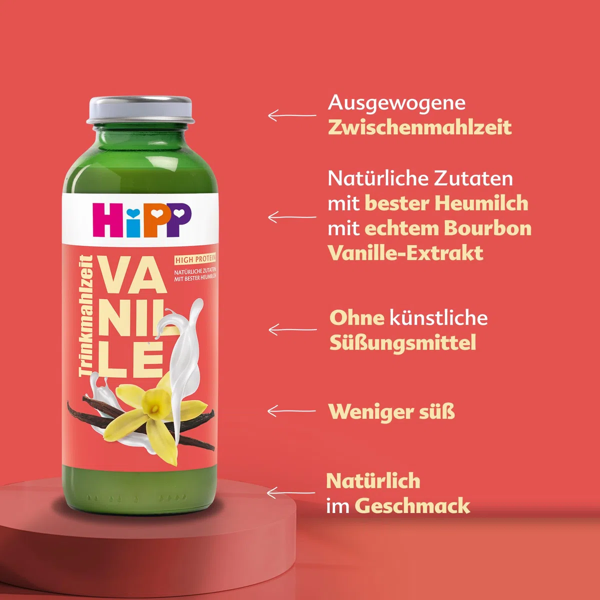 HiPP Trinkmahlzeit Vanille, 6 x 330 ml, vollwertige Zwischenmahlzeit, mit bester Heumilch, echtem Bourbon-Vanille Extrakt, 23 Vitaminen & Mineralstoffen, High Protein, glutenfrei