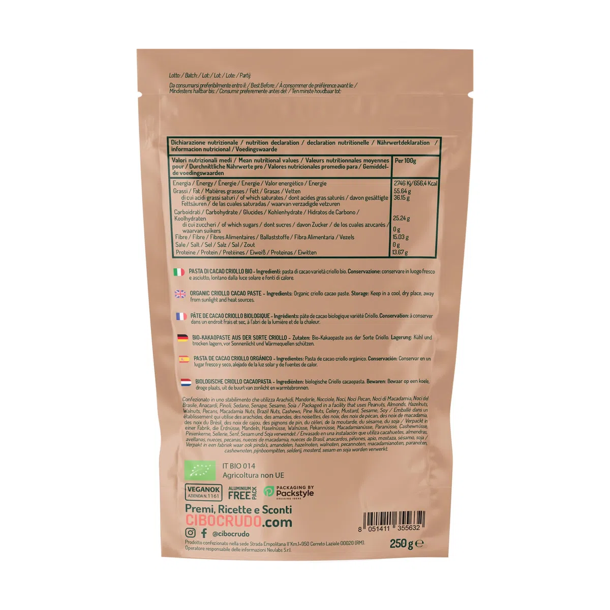 Kakaomasse Bio Roh - 250g. Criollo Kakao Bio zur Herstellung von Rohkakaomasse 100% Natürlich und Rein. Kakaopaste von Peru. Enthält Antioxidantien und Mineralien für Süßigkeiten Kekse und Kuchen.