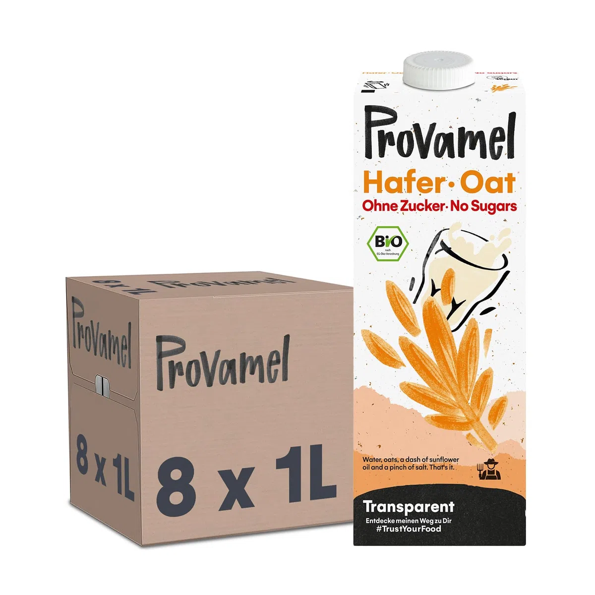 Provamel Organic-Bio Haferdrink ohne Zucker, Pflanzlicher Drink, Vegan, Laktosefrei, UHT, 8x1 l (8er Pack)