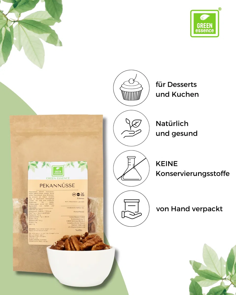 Pekannüsse Halbe Kerne geschält und ungesalzen – Premium Pekannusskerne ohne Zusätze – Naturbelassene Nüsse Pekan von Green Essence (500 Gramm)