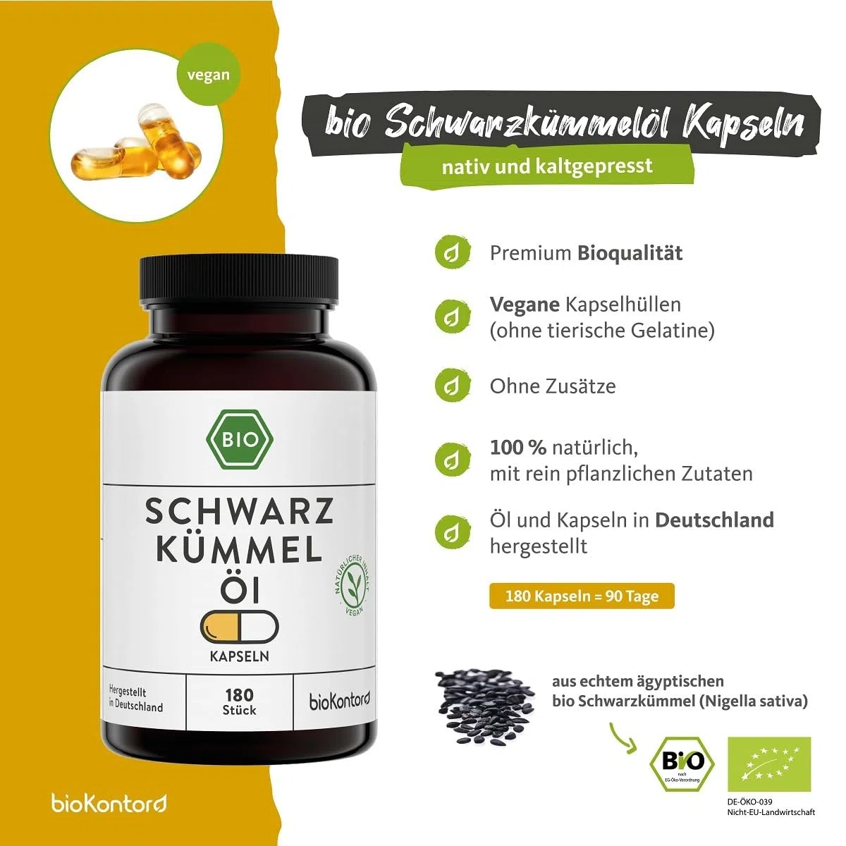 bioKontor Bio Schwarzkümmelöl Kapseln 180 Stück – ägyptisches Schwarzkümmelöl nativ kaltgepresst – 1000 mg pro Tagesdosis – Nigella Sativa Öl Kapseln vegan – Black Seed Oil Capsules