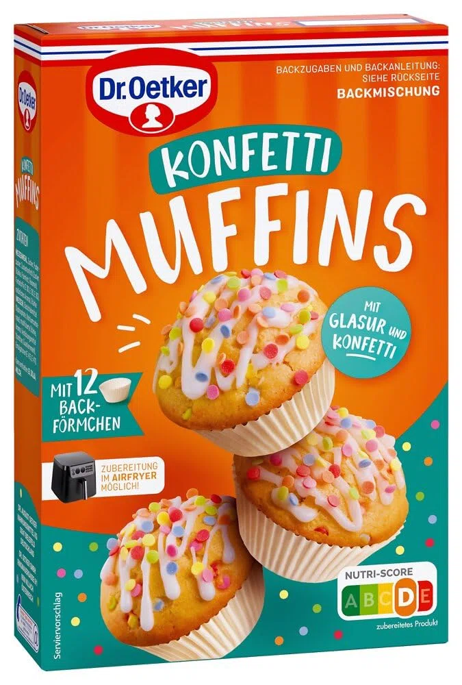 Oetker Konfetti Muffins: 4er Muffin Set zum Backen von kunterbunten Muffins inklusive Muffin Papierbackförmchen, Zuckerkonfetti und Glasurmischung (4 x 360g)