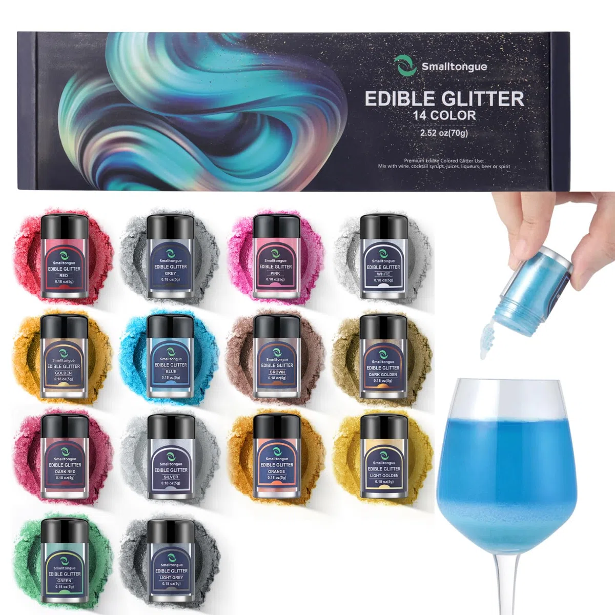 Smalltongue 14 Essbares Glitzer Set, Glitzer Essbar für Torte/Glitzer Essbar Getränke für Ostern, Weihnachten, Oktoberfest Party, Champagner, Cocktails. 5g/Dose