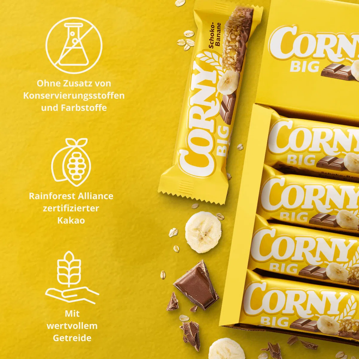 Müsliriegel Corny BIG Schoko-Banane | Großer Riegel mit zarter Schokolade und fruchtiger Banane | Großpackung 24x50g