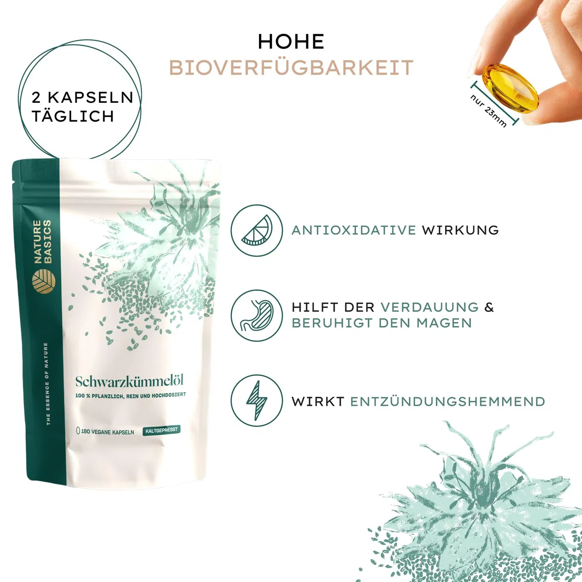 Schwarzkümmelöl - 180 Kapseln hochdosiert / 500 mg hochwertiges Schwarzkümmelöl & 250 mg Linolsäure je Kapsel/Vegan & Nachhaltig