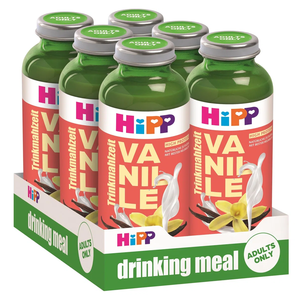 HiPP Trinkmahlzeit Vanille, 6 x 330 ml, vollwertige Zwischenmahlzeit, mit bester Heumilch, echtem Bourbon-Vanille Extrakt, 23 Vitaminen & Mineralstoffen, High Protein, glutenfrei