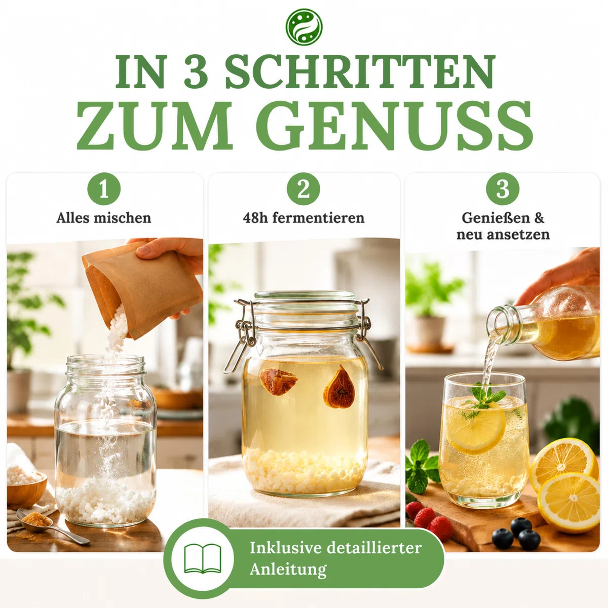 fermania Bio Wasserkefir Kristalle 30g inkl. Geling-Garantie & Fermentations-Guide - Probiotischen Kefir kinderleicht selber machen (unbegrenzt) - Lebende Japankristalle aus Lippstadt