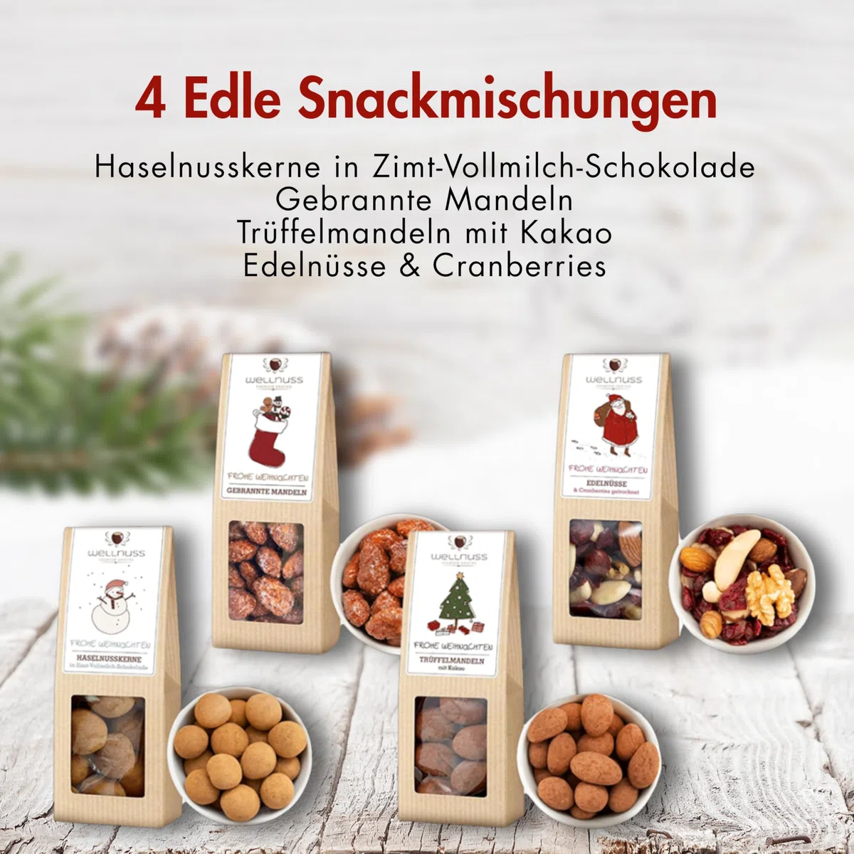 wellnuss "Limitierte Weihnachtsedition" - 4 Snacks im Geschenkkarton | Gourmet Snackmischungen für Erwachsene aus Nüssen, Früchten & Schokolade | Das Besondere Geschenk zu Weihnachten