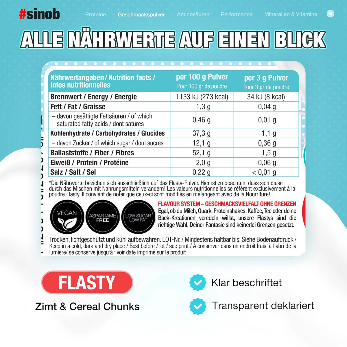 Flasty Geschmackspulver Zimt Cereal & Chunks 250g | Nie wieder langweiliger Quark – über 25 Sorten bei nur 7–9 kcal pro Portion