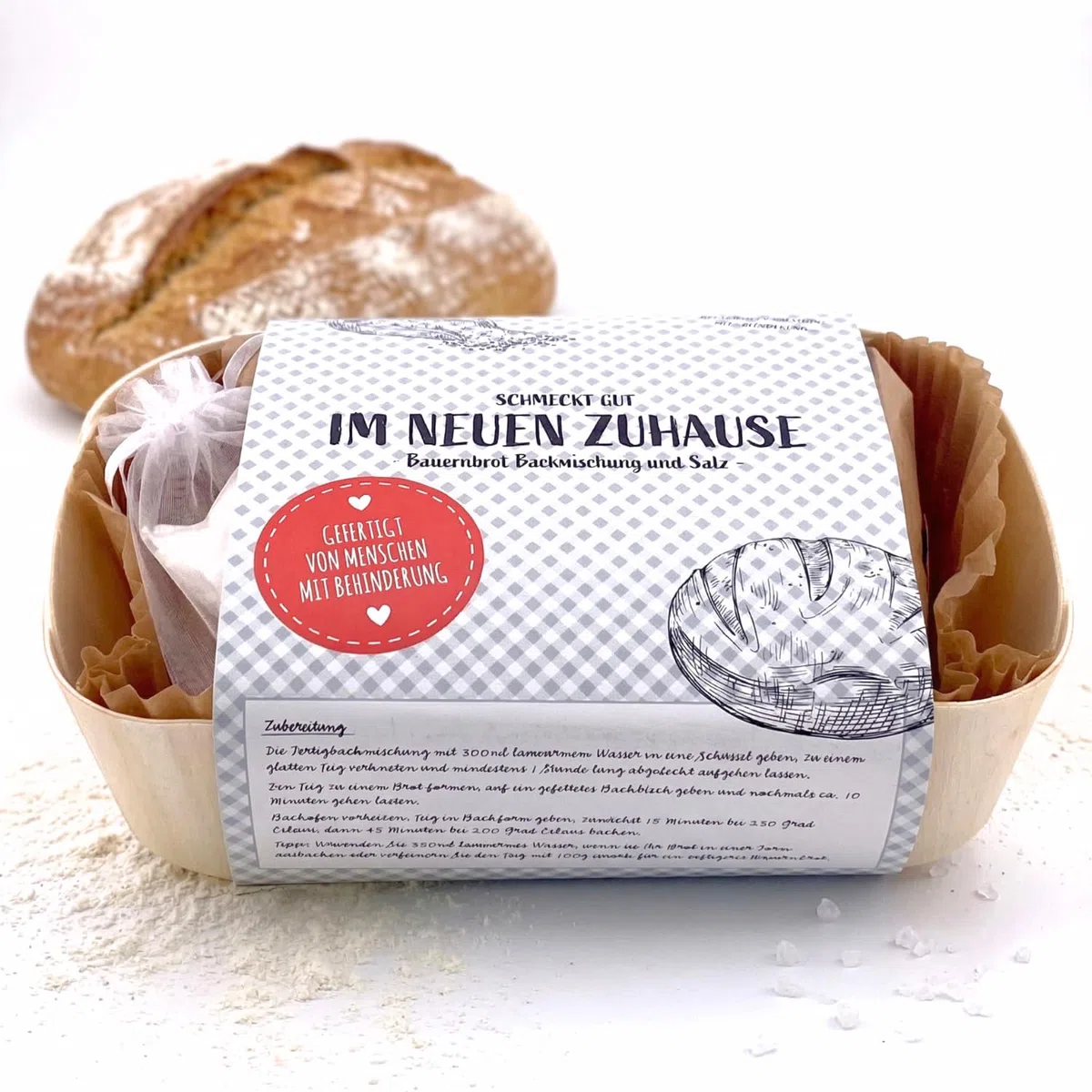 Brot und Salz zum Einzug, Bauernbrot Backmischung mit Salz im Set, traditionelles Einweihungsgeschenk für neues Zuhause, Wohnung & Haus, liebevoll verpacktes Einzugsgeschenk mit Bedeutung