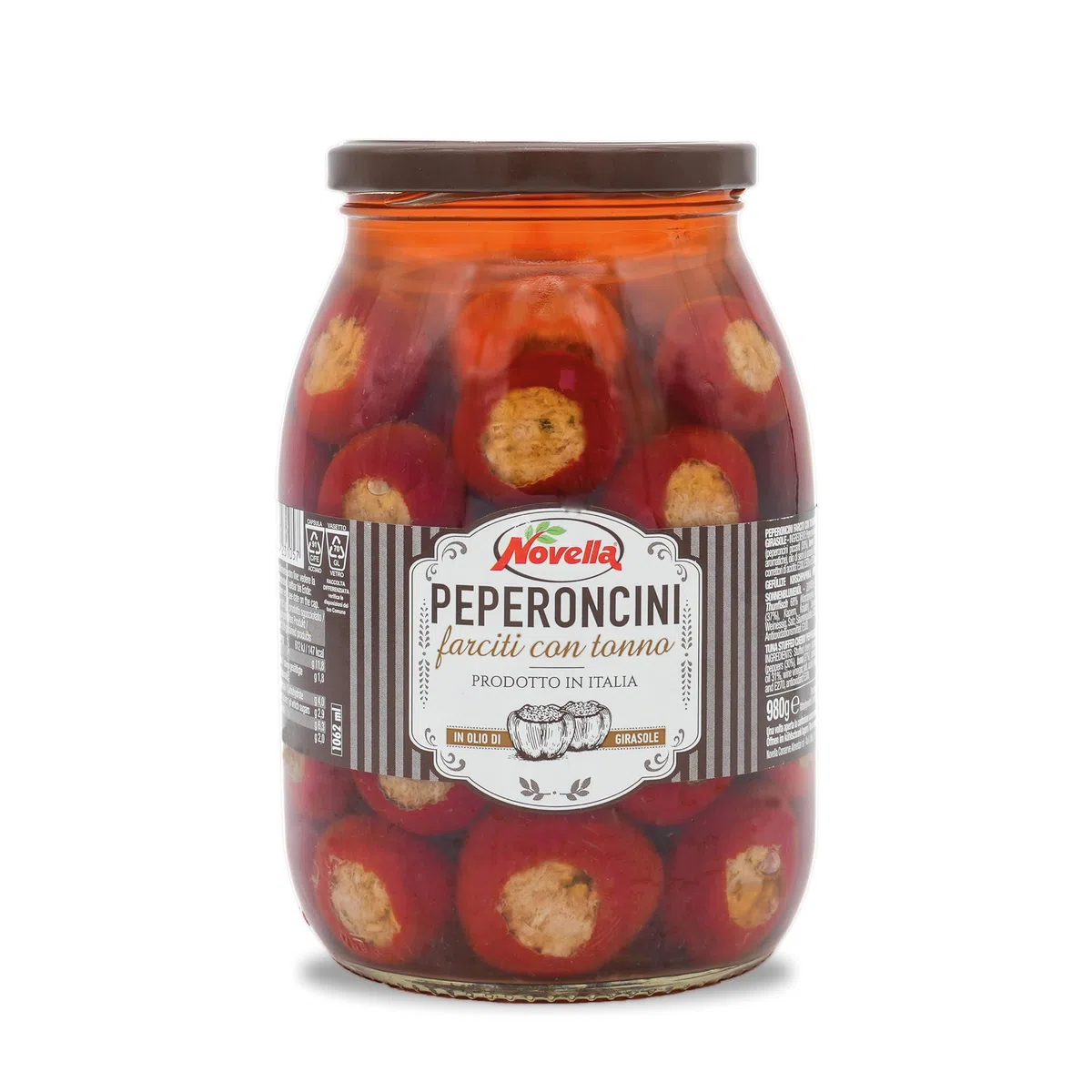 Novella PEPERONCINI FARCITI CON TONNO - Peperoni mit Thunfischfüllung - italienische Kirschpaprika - Antipasti-Vorspeise - fruchtig-scharf - 950 g im Glas