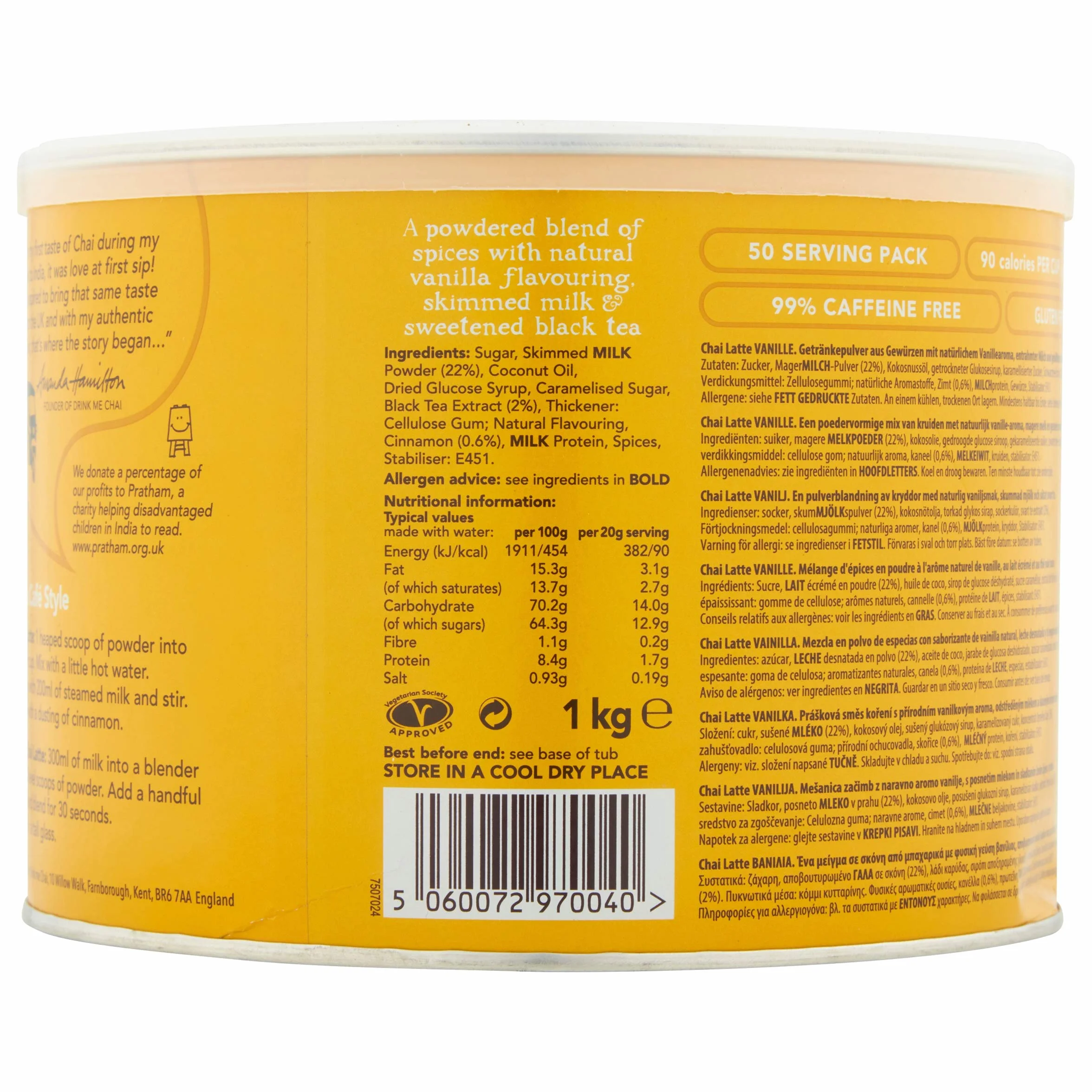 Drink me Chai Vanilla Chai Latte 1kg (1er Pack) - Einfach Wasser hinzufügen, Vanilla Chai Latte Pulver (50 Portionen)
