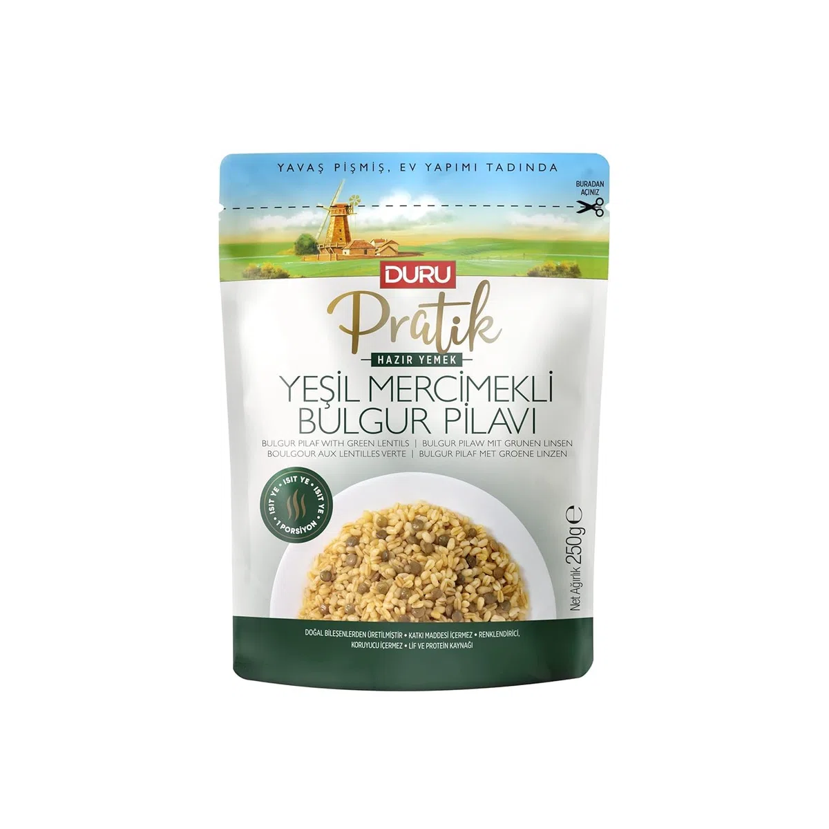 Duru Fertig-Bulgur, Bulgur-Pilaw, 250g, 100% natürlich, BPA-frei, ohne Transfette, nicht gentechnisch verändert, ohne Konservierungsstoffe und künstliche Farbstoffe (Bulgur Pilaw mit Grünen Linsen)