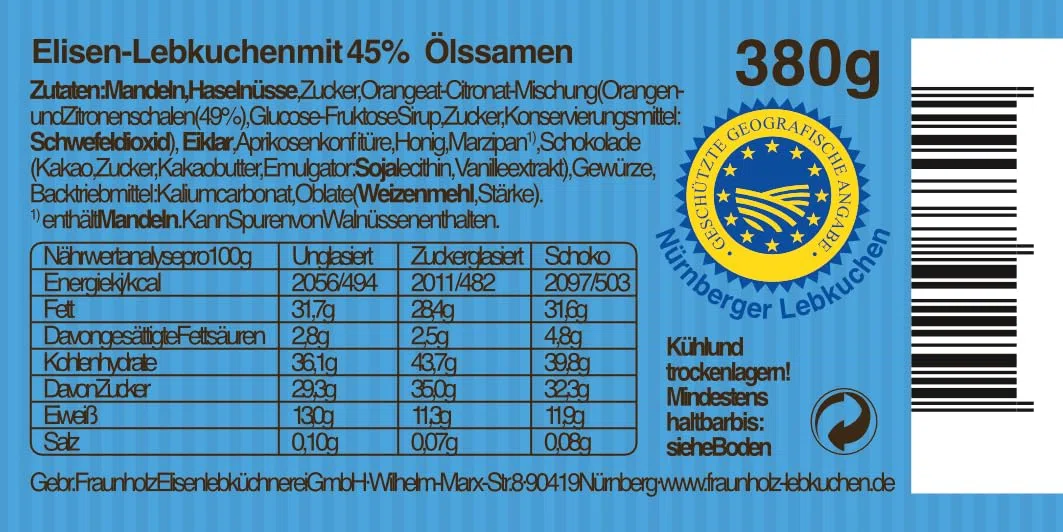 Lebkuchen - original Nürnberger Mandel Elisen-Lebkuchen - 45% Nussanteil - handgefertigte Qualität - prämierte Meisterhändler-Manufaktur (Lebkuchen Schokolade 380 Gramm)