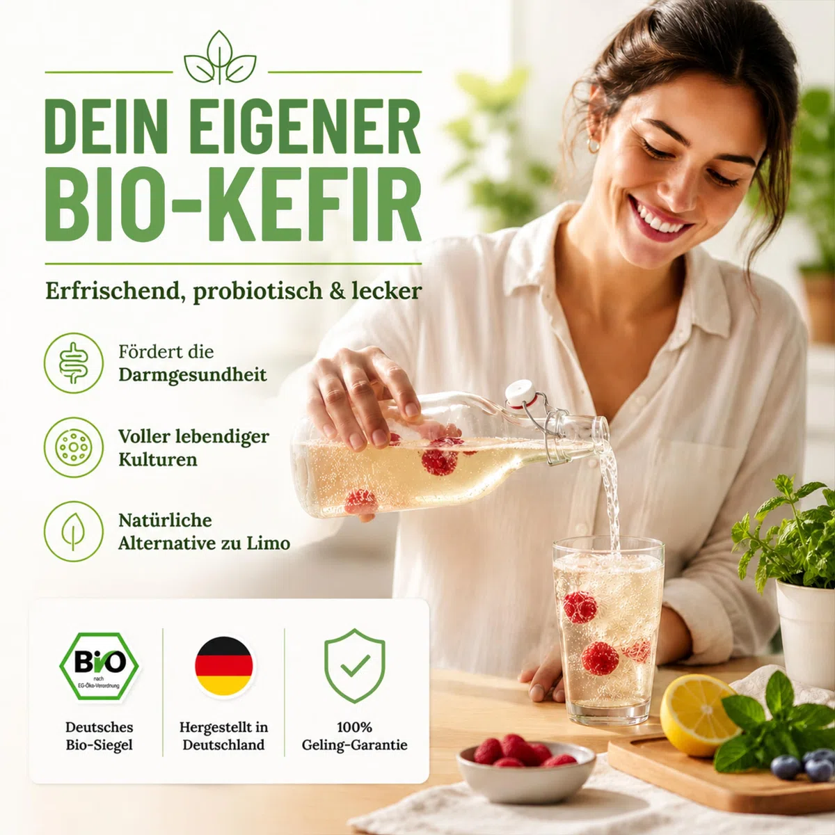 fermania Bio Wasserkefir Kristalle 30g inkl. Geling-Garantie & Fermentations-Guide - Probiotischen Kefir kinderleicht selber machen (unbegrenzt) - Lebende Japankristalle aus Lippstadt