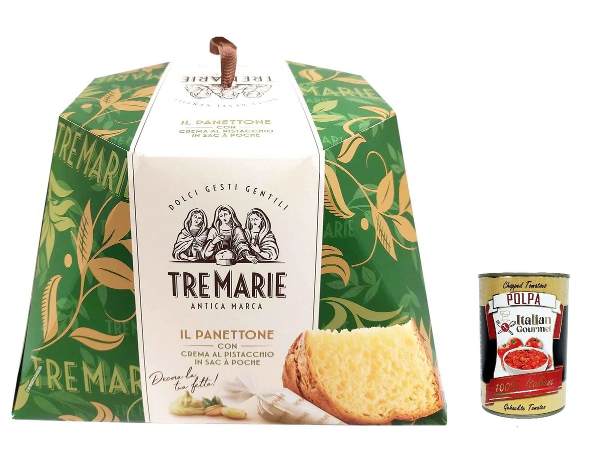 Tre Marie Panettone Pistaziencreme 950 g italienischer Weihnachtskuchen mit Beutel zum Aufspritzen (sac à poche) – weich & duftend, Mailänder Tradition Geschenkverpackung + Italian Gourmet polpa 400g