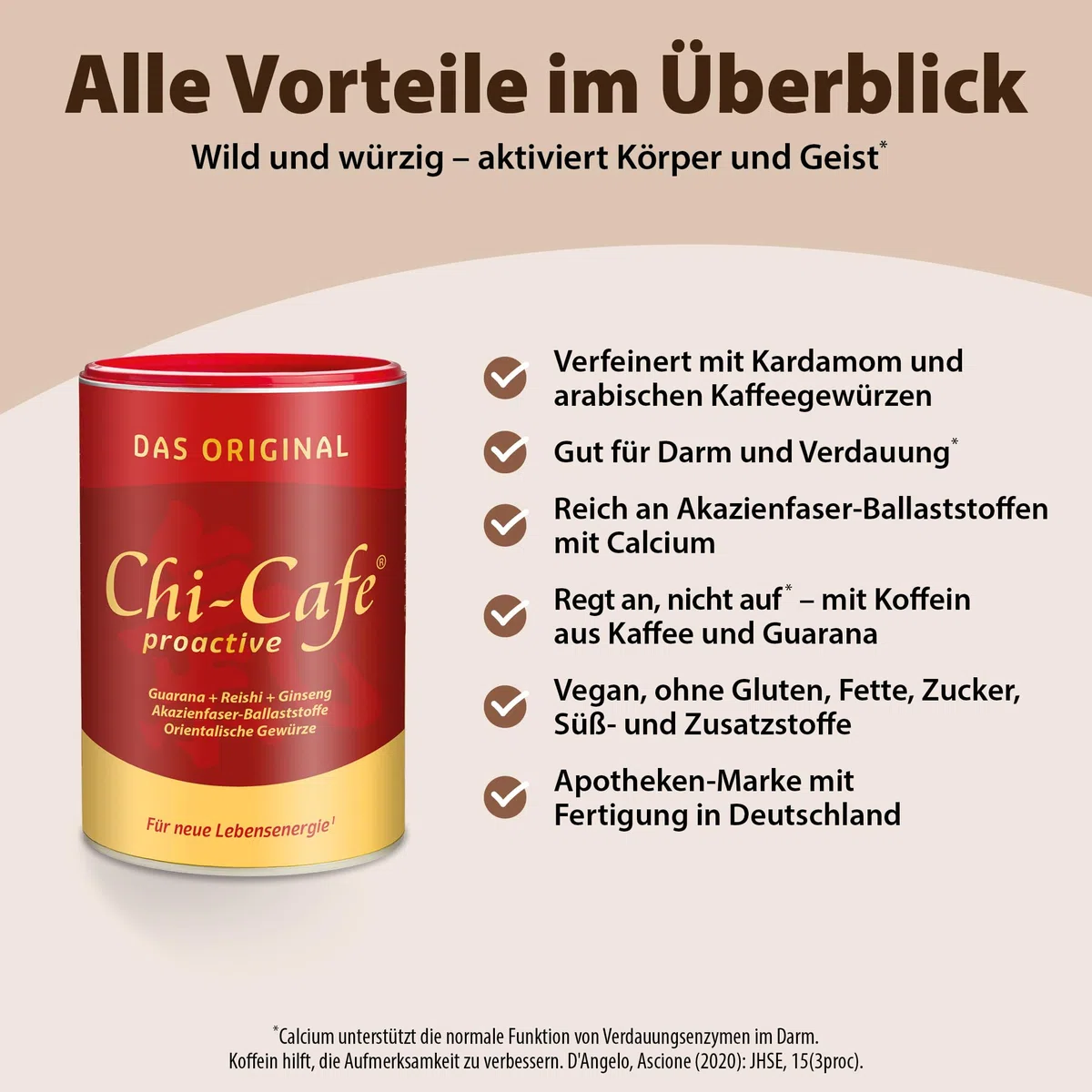 Dr. Jacob's Chi-Cafe proactive 360 g Dose I Kaffeehaltiges Getränkepulver I wild und würzig I mit Akazienfaser Ballaststoffen, Kaffee, Guarana, Ginseng, Gewürzen I Kaffee Alternative I 72 Tassen