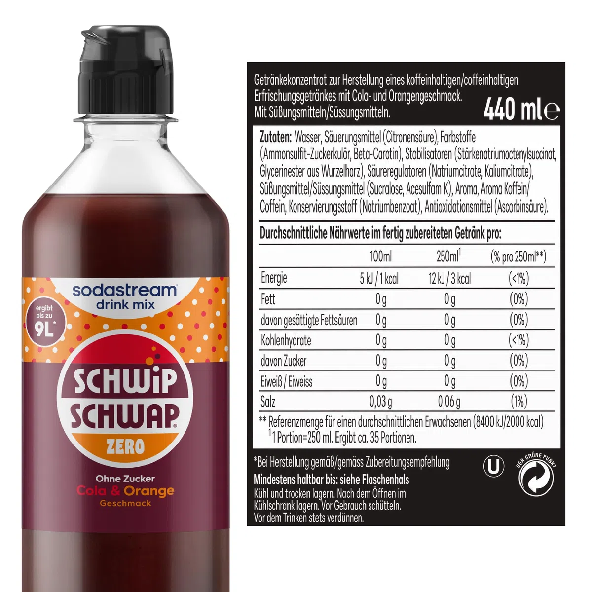 SodaStream drink mix Schwip Schwap Zero · Cola-Orange Getränkesirup ohne Zucker für Wassersprudler · 4 x 440ml