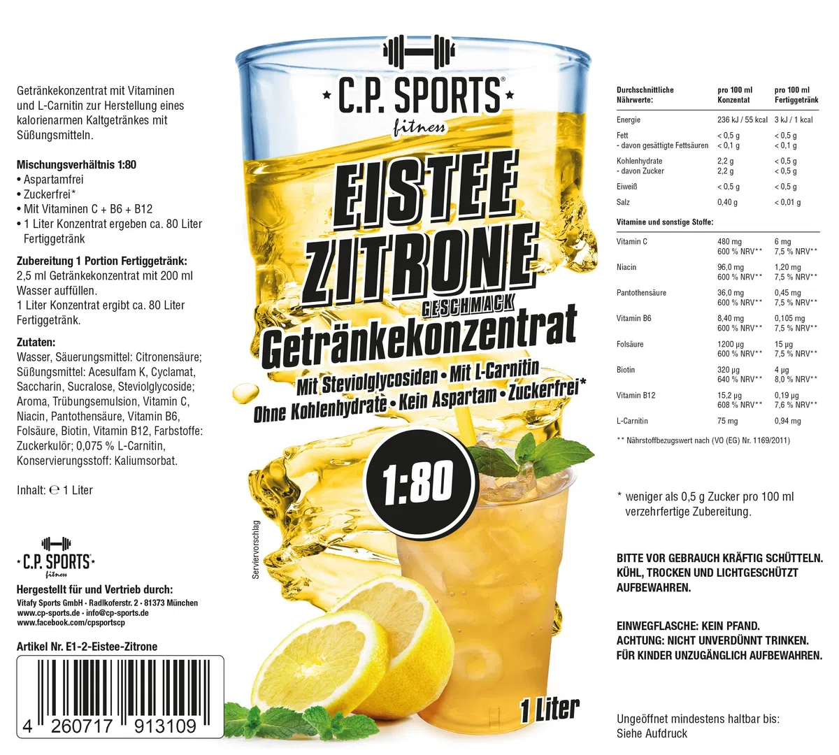 C.P. Sports Getränkesirup zuckerfrei, aspartamfrei, kalorienfrei 1:80 (ca. 80 Liter Fertiggetränk) + Dosierpumpe – Carnitin & Vitamine – Getränkekonzentrat Konzentrat Sirup – Eistee-Zitrone