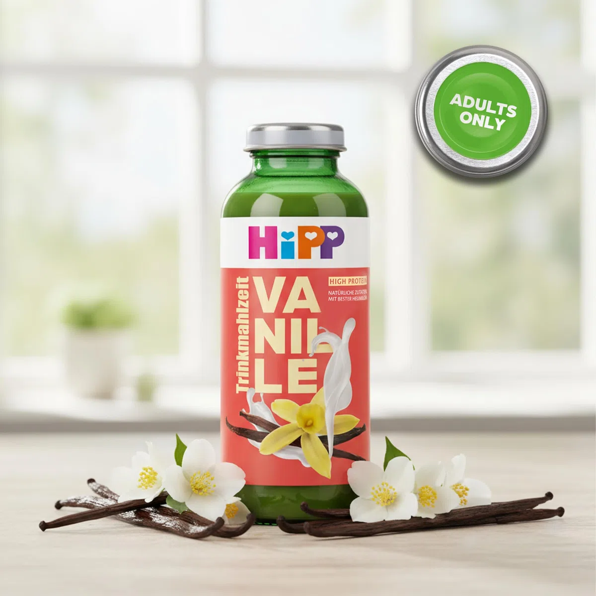HiPP Trinkmahlzeit Vanille, 6 x 330 ml, vollwertige Zwischenmahlzeit, mit bester Heumilch, echtem Bourbon-Vanille Extrakt, 23 Vitaminen & Mineralstoffen, High Protein, glutenfrei