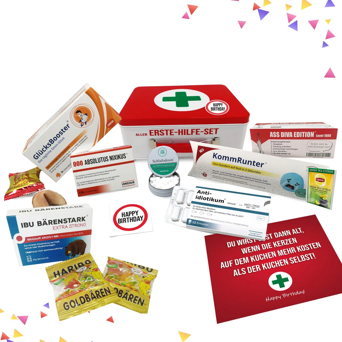 Longfair Geburtstagsgeschenk | Erste Hilfe Set Geschenk-Box, witziger Sanikasten | 9-teilig | Scherzartikel zum Geburtstag (DE)