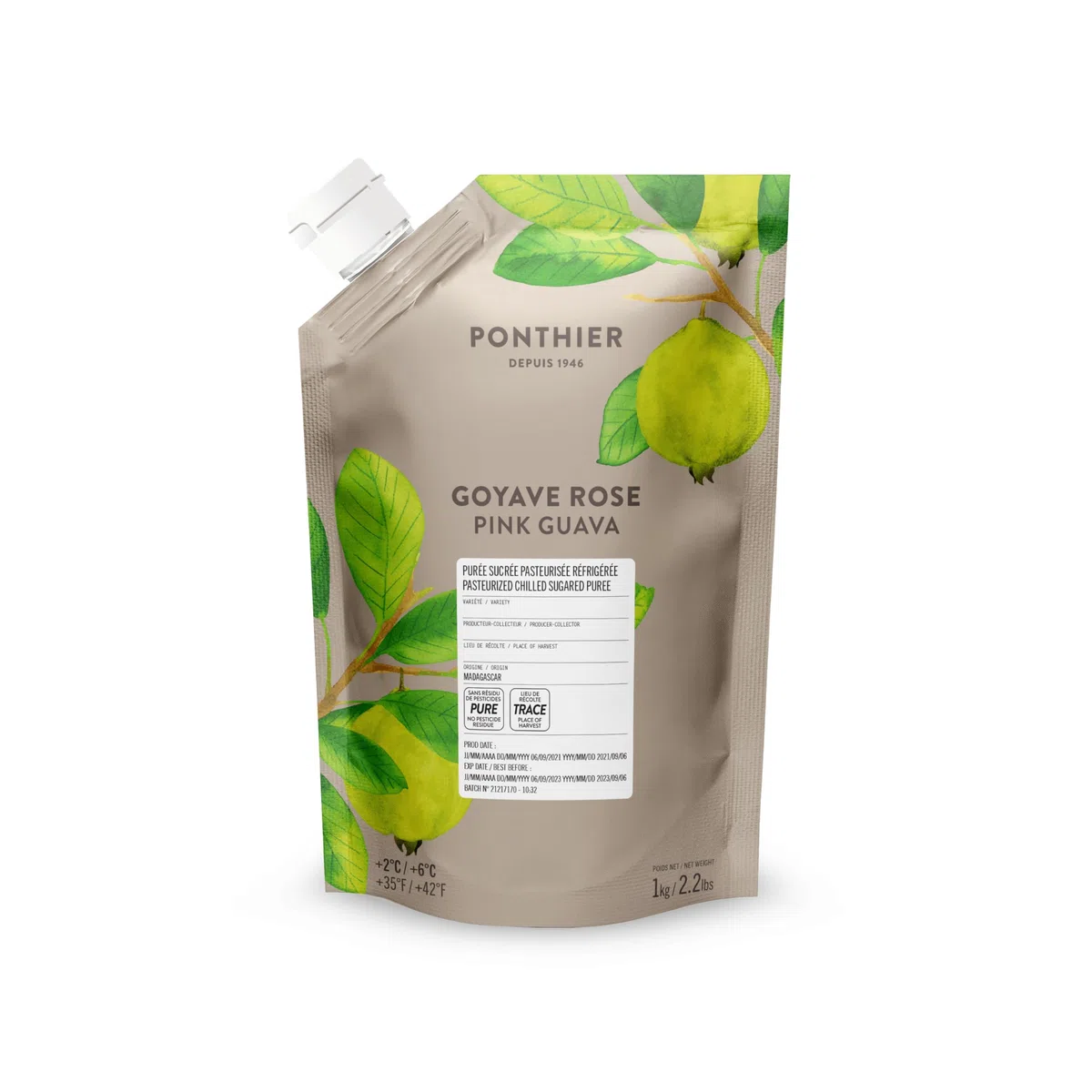 PONTHIER Guave Püree 1 kg – tropisches Fruchtpüree mit Guave, gekühlt, für Sorbet, Eis, Smoothies, Desserts, Cocktails, Bowls & Gastronomie