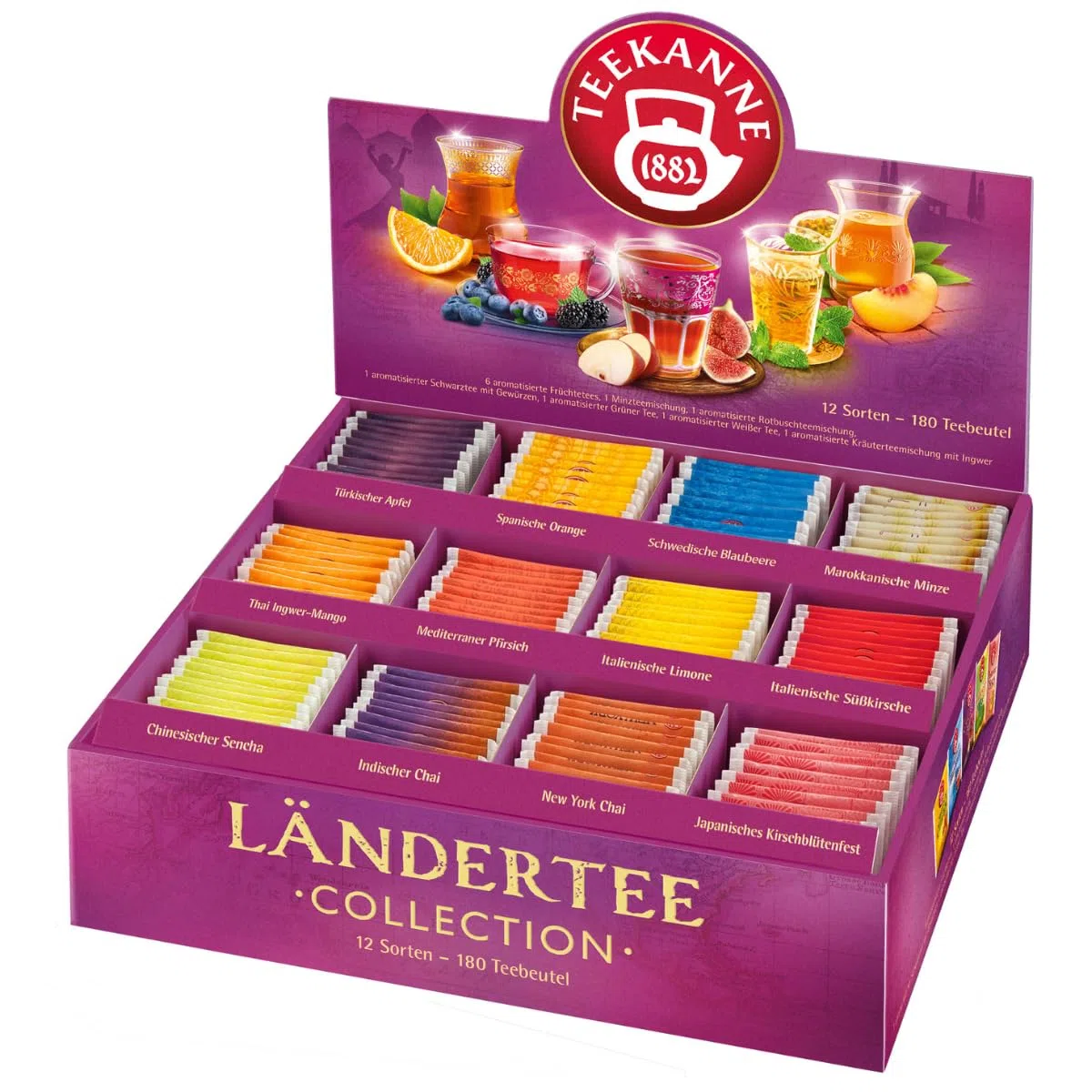 TEEKANNE Ländertee Collection Box 180 Teebeutel (387g) – 12 Sorten Weltreise Tee Set – Früchtetee, Kräutertee, Grüner Tee & Chai – Geschenkbox Tee, Geschenkbox für Teeliebhaber, Vielfalt, Probierpaket