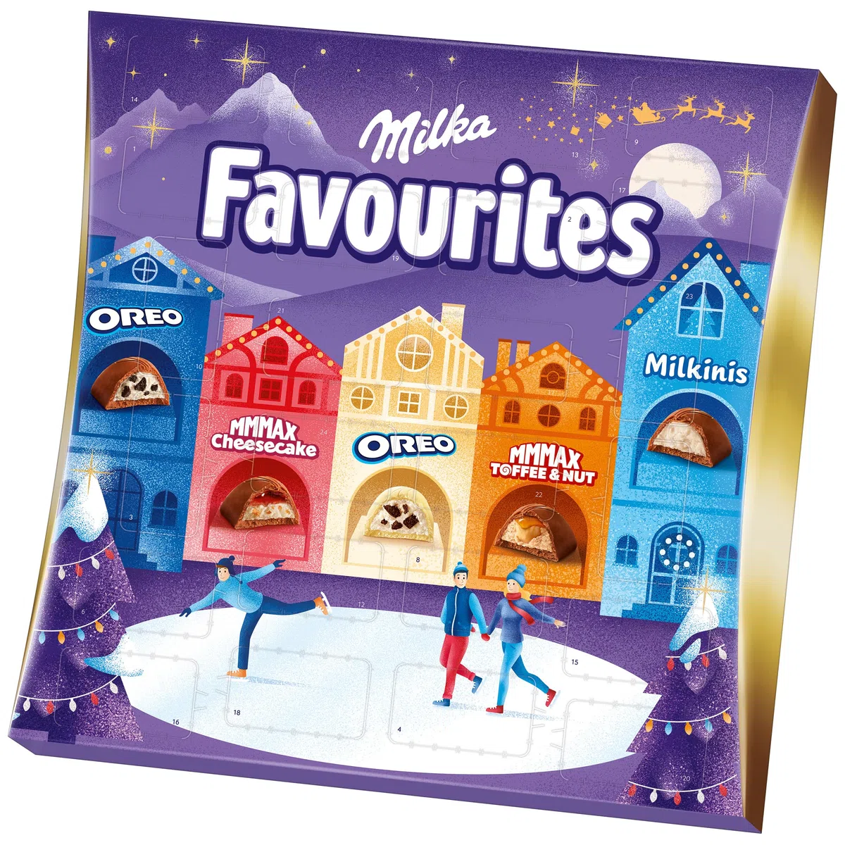 Milka Favourites Adventskalender mit Pralinen in fünf Sorten – Alpenmilch, Oreo, Nuss, Kakaocrème & weiße Schokolade – 206g