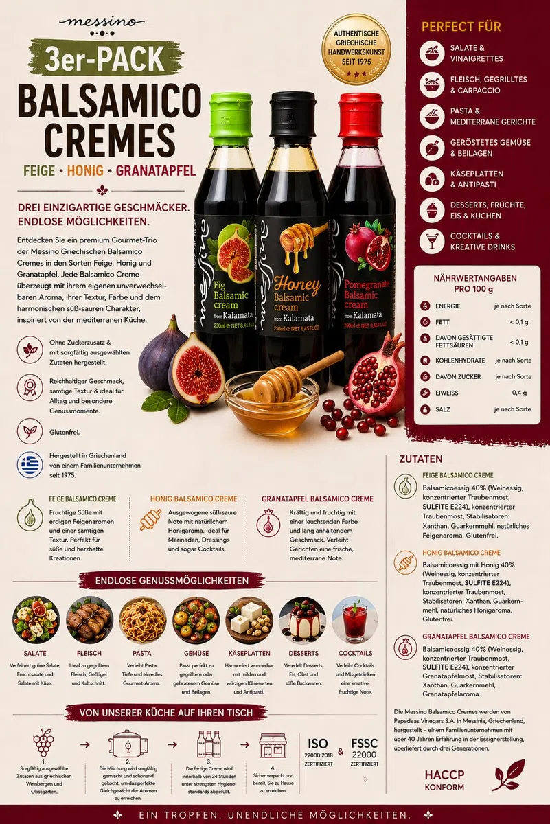 Messino Balsamico Creme Set 3x250ml – Feige, Honig & Granatapfel | Gourmet-Set aus 100% griechischen Zutaten: Feige, Honig & Granatapfel – ohne Zuckerzusatz, vielseitig