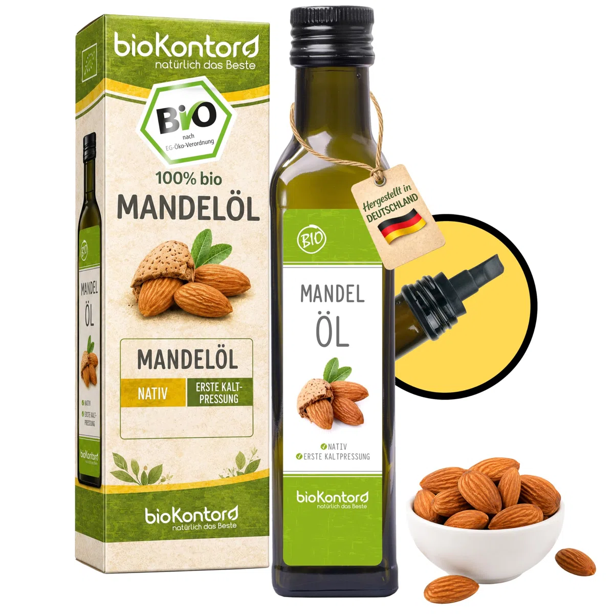 bioKontor – Bio Mandelöl 250ml – Mandelöl nativ kaltgepresst – 100% naturreines Mandel Öl in Rohkostqualität – vielseitig für Küche, Salate & Hautpflege – aus Bio Mandeln