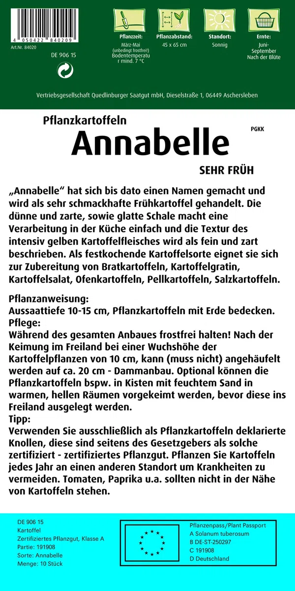 Quedlinburger 84020 Pflanzkartoffel Annabelle (10 Stück) (gelb, festkochend, sehr früh)