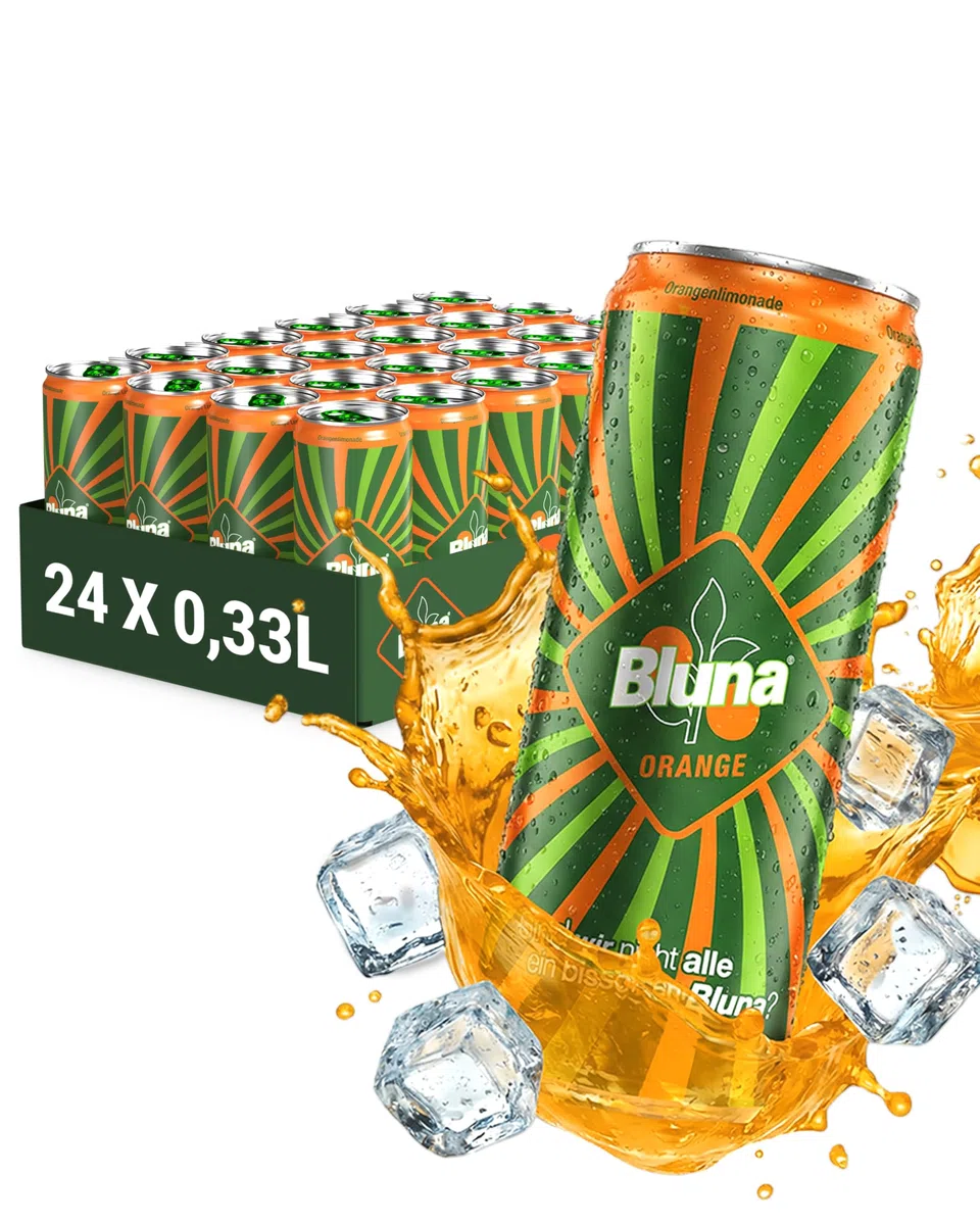 Bluna – Orangenlimonade mit Kohlensäure 24 x 330 ml in der Dose – Prickelnd-fruchtige Orangenlimo mit 3 % Fruchtgehalt – erfrischende, nicht zu süße Kult-Limo – frech, fruchtig & herrlich anders