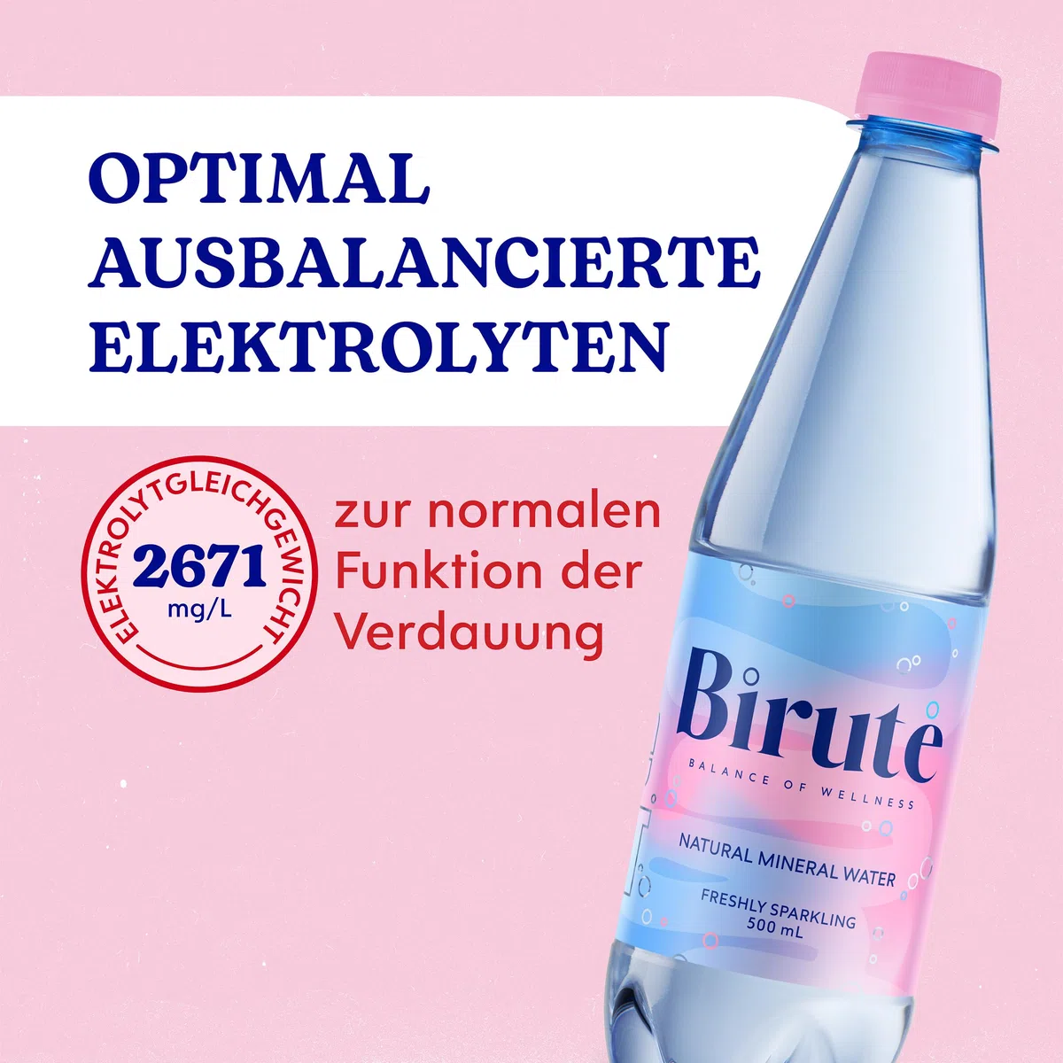 BIRUTE Natürliches Mineralwasser mit Kohlensäure 500 ml (12er Pack) Für maximale Hydratation, Reich an Essenziellen Mineralien wie Calcium, Magnesium, Perfekt Ausgewogene Natürliche Elektrolyte