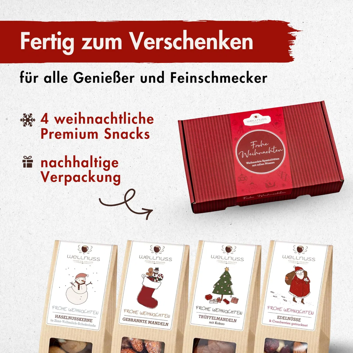 wellnuss "Limitierte Weihnachtsedition" - 4 Snacks im Geschenkkarton | Gourmet Snackmischungen für Erwachsene aus Nüssen, Früchten & Schokolade | Das Besondere Geschenk zu Weihnachten