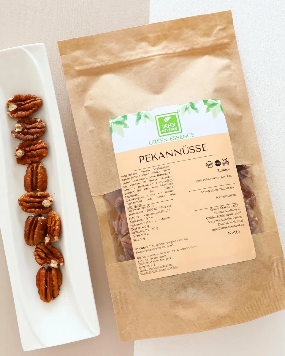 Pekannüsse Halbe Kerne geschält und ungesalzen – Premium Pekannusskerne ohne Zusätze – Naturbelassene Nüsse Pekan von Green Essence (500 Gramm)