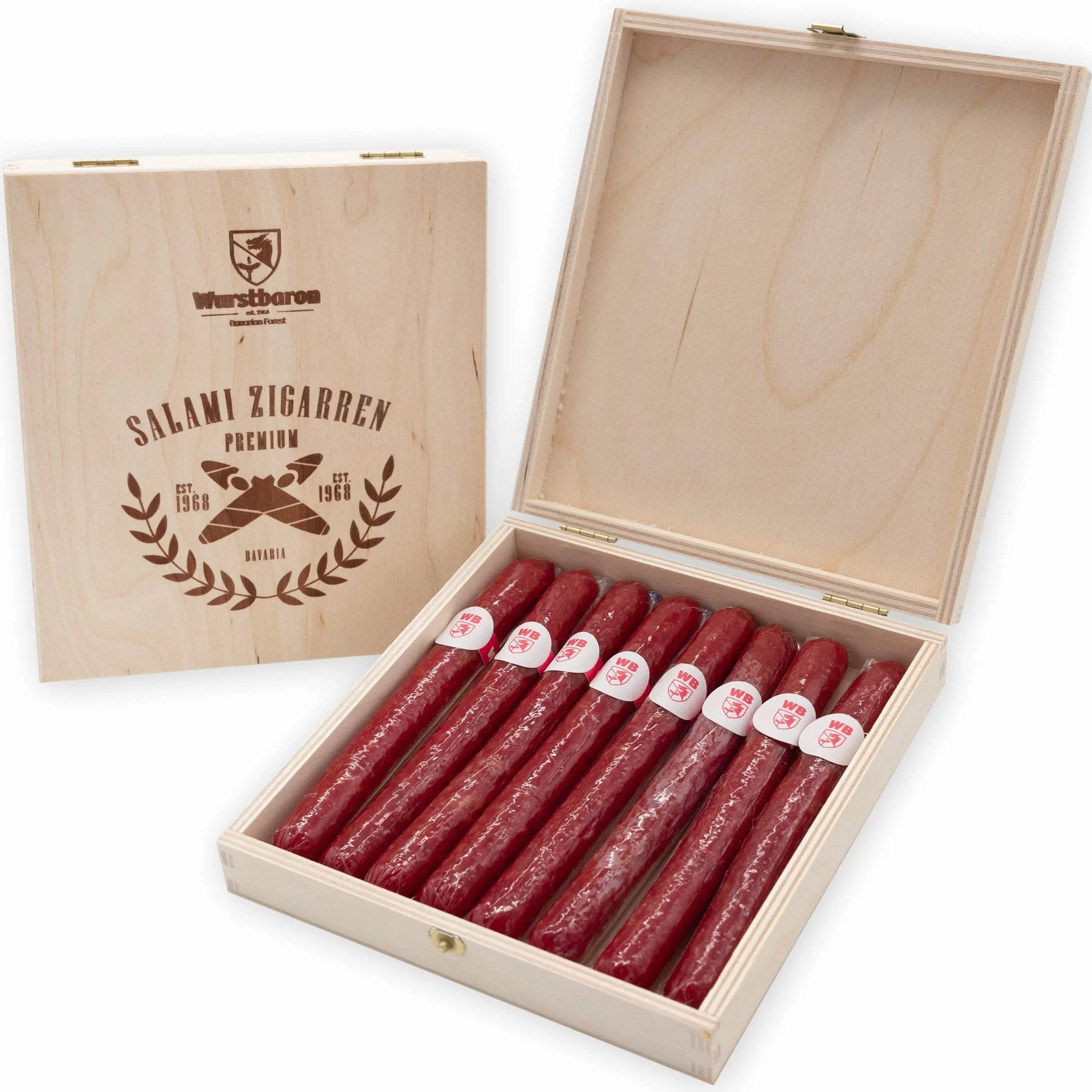 Wurststicks aus Salami in hochwertiger Holz-Geschenk-Box/Wurst Geschenk für Männer/Wurstsnack Geschenkidee in hochwertiger Qualität