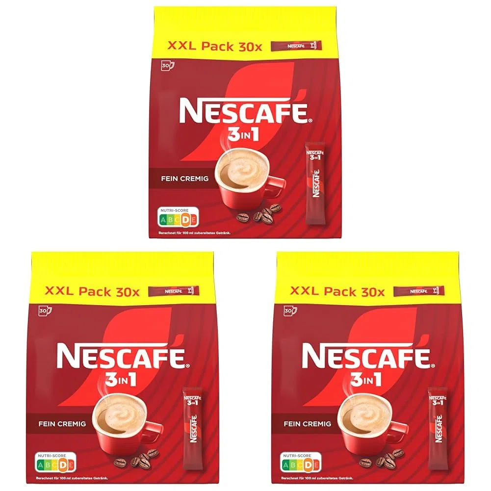 NESCAFÉ 3in1 XXL Pack, Getränkepulver-Sticks mit löslichem Bohnenkaffee, Creamer & Zucker, Instant-Kaffee aus erlesenen Kaffeebohnen, 3er Pack (30 Sticks à 16,5g)