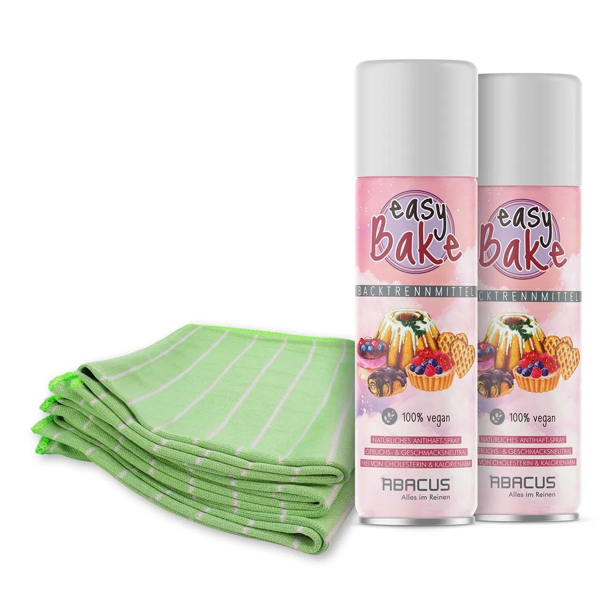ABACUS® Backtrennspray, Backspray, Back-Trennmittel, veganes Trennspray zum Backen – mit Bambus Shine Glas- & Geschirrtuch – Backtrennspray Set(7635)