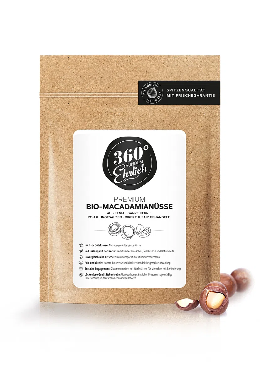 Macadamianüsse Bio zertifiziert in höchster Güteklasse | Naturbelassen, roh und ungesalzen | Macadamia Nüsse ganze Kerne | Wiederverschließbar | Direkt und fair gehandelt aus Kenia | 1000 Gramm