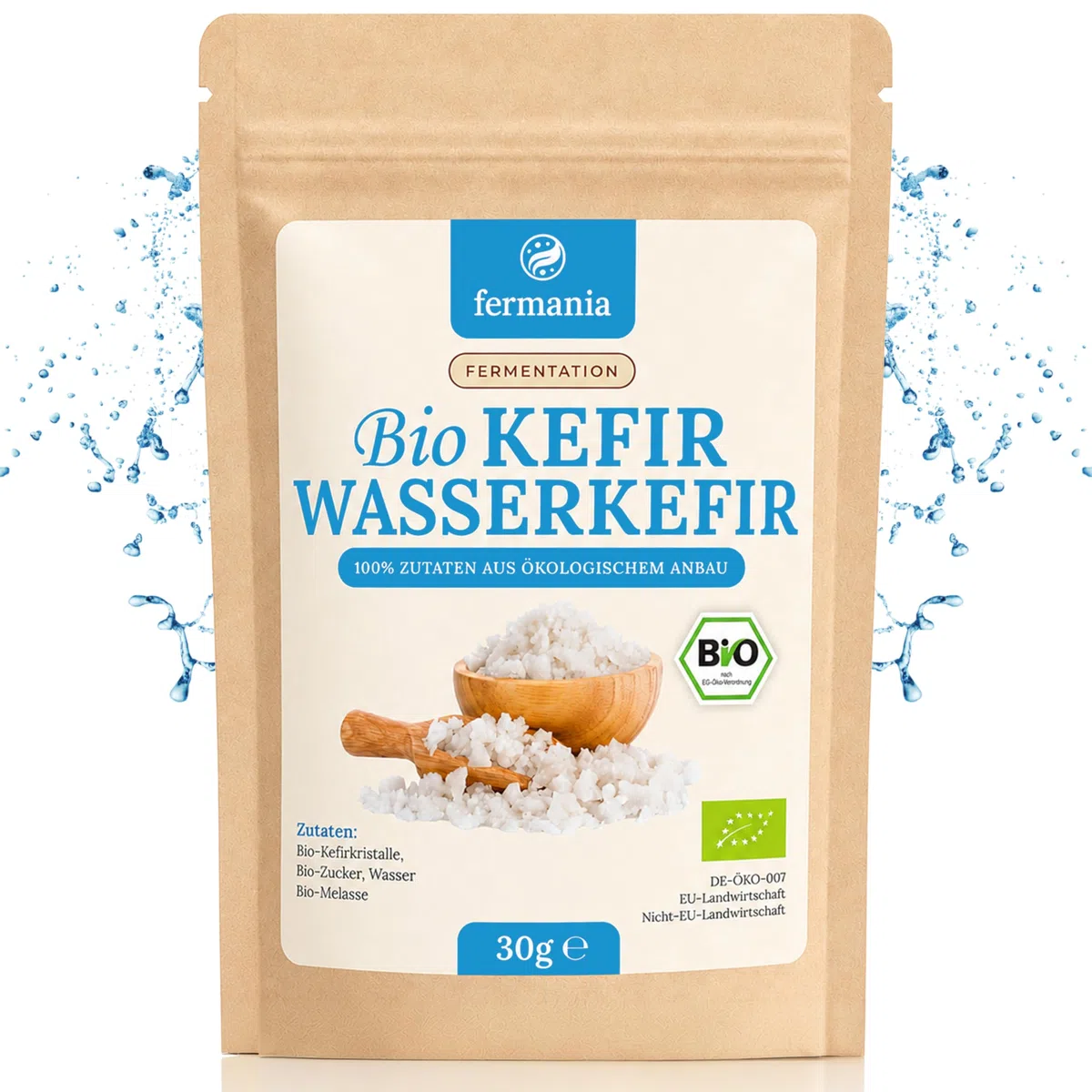 fermania Bio Wasserkefir Kristalle 30g inkl. Geling-Garantie & Fermentations-Guide - Probiotischen Kefir kinderleicht selber machen (unbegrenzt) - Lebende Japankristalle aus Lippstadt