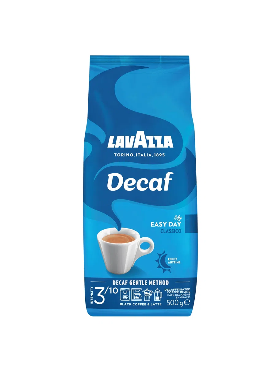 Lavazza, Decaf „My Easy Day“, Entkoffeinierte Kaffeebohnen, Ideal für schwarzen Kaffee & Latte, mit Aromanoten von Honig, 100% Arabica, Intensität 3/10, Mittlerer Röstgrad, 500 g