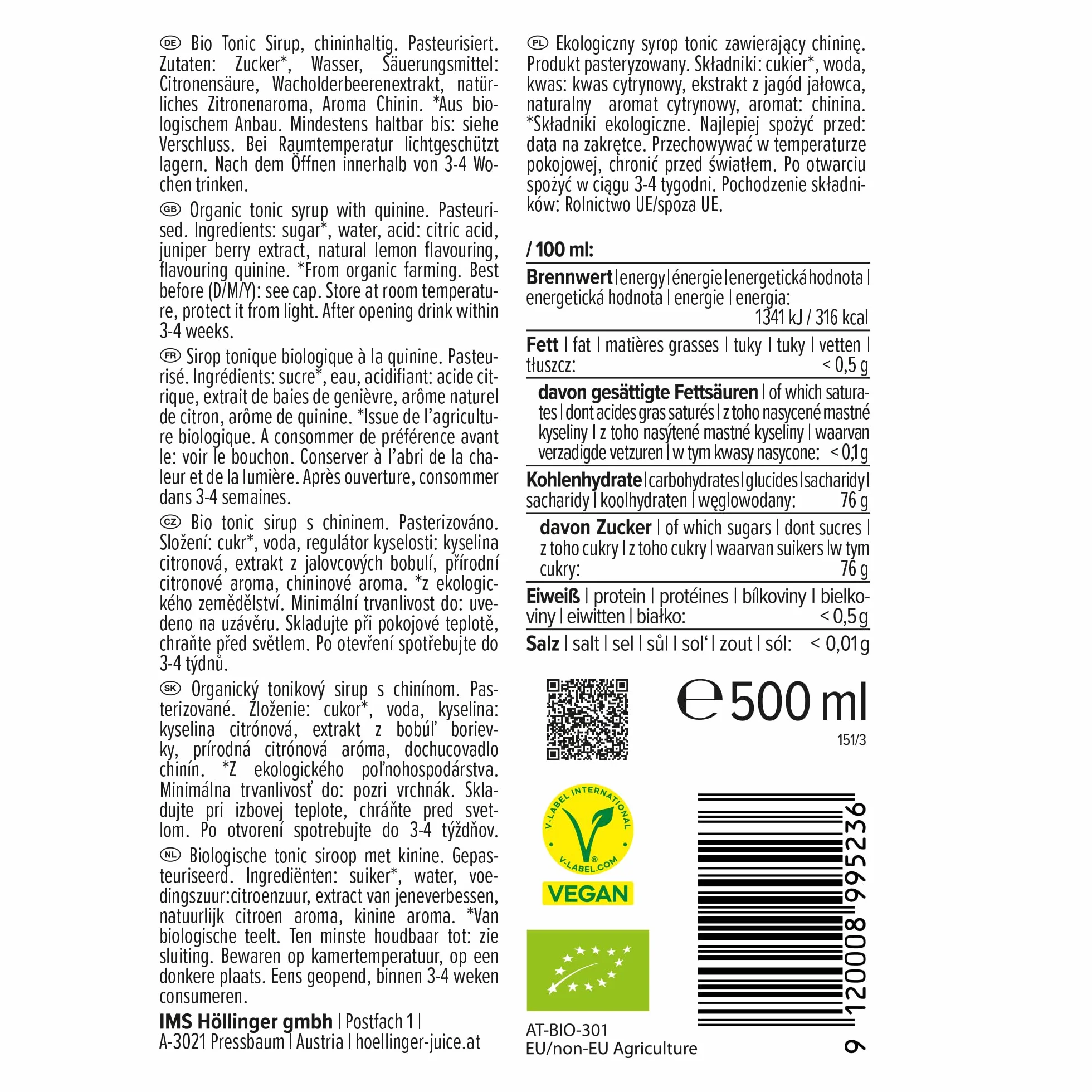 Höllinger Bio Cocktailsirup Virgin Tonic - Vegan, 3x500ml Glas Flasche - alkoholfreier Cocktail