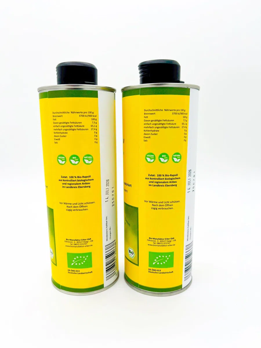 Bio-Rapsöl nativ 2x500 ml (1000 ml) kaltgepresst, angebaut und abgefüllt in Oberbayern, Naturland Landwirtschaft, für eine vegane und glutenfreie Ernährung geeignet